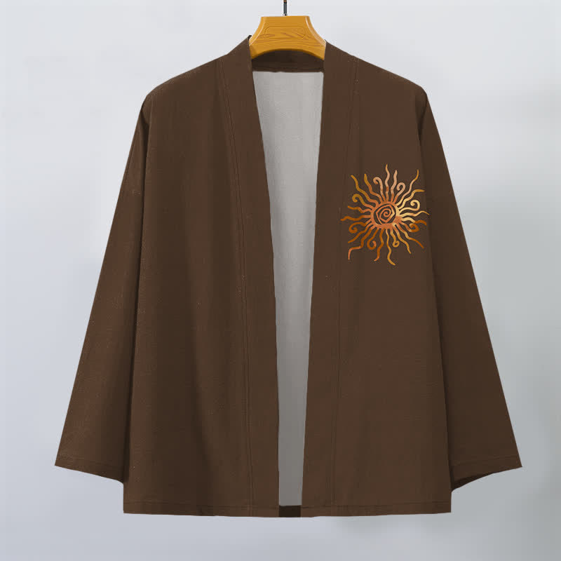 Buddha Stones Kimono de algodón con estampado de rayos de sol dorados y frente abierto para hombre - image 7