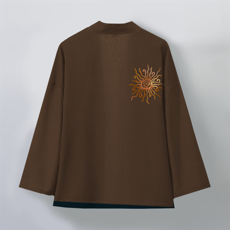 Buddha Stones Kimono de algodón con estampado de rayos de sol dorados y frente abierto para hombre - image 8