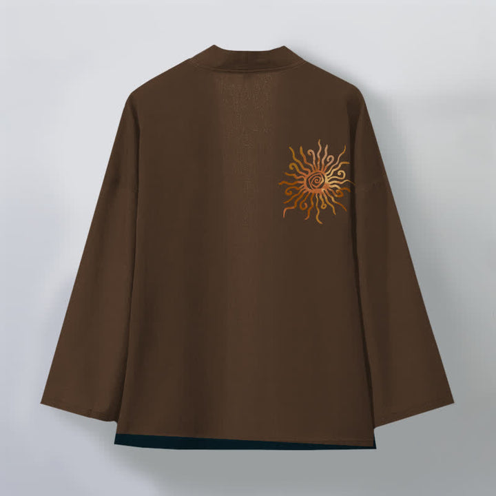 Buddha Stones Kimono de algodón con estampado de rayos de sol dorados y frente abierto para hombre - image 8