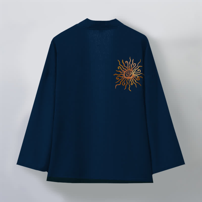 Buddha Stones Kimono de algodón con estampado de rayos de sol dorados y frente abierto para hombre - image 11