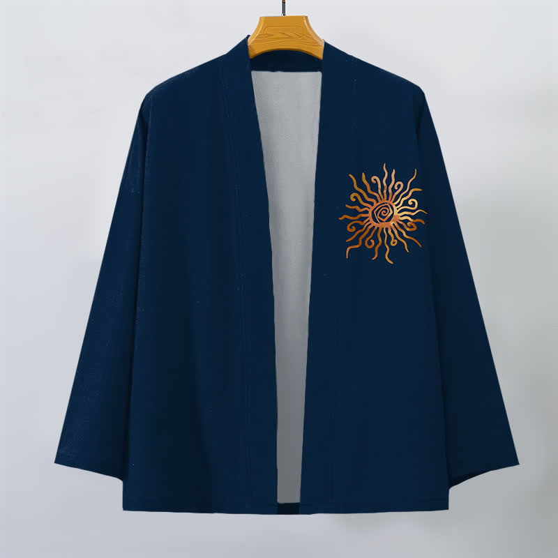 Buddha Stones Kimono de algodón con estampado de rayos de sol dorados y frente abierto para hombre - image 10