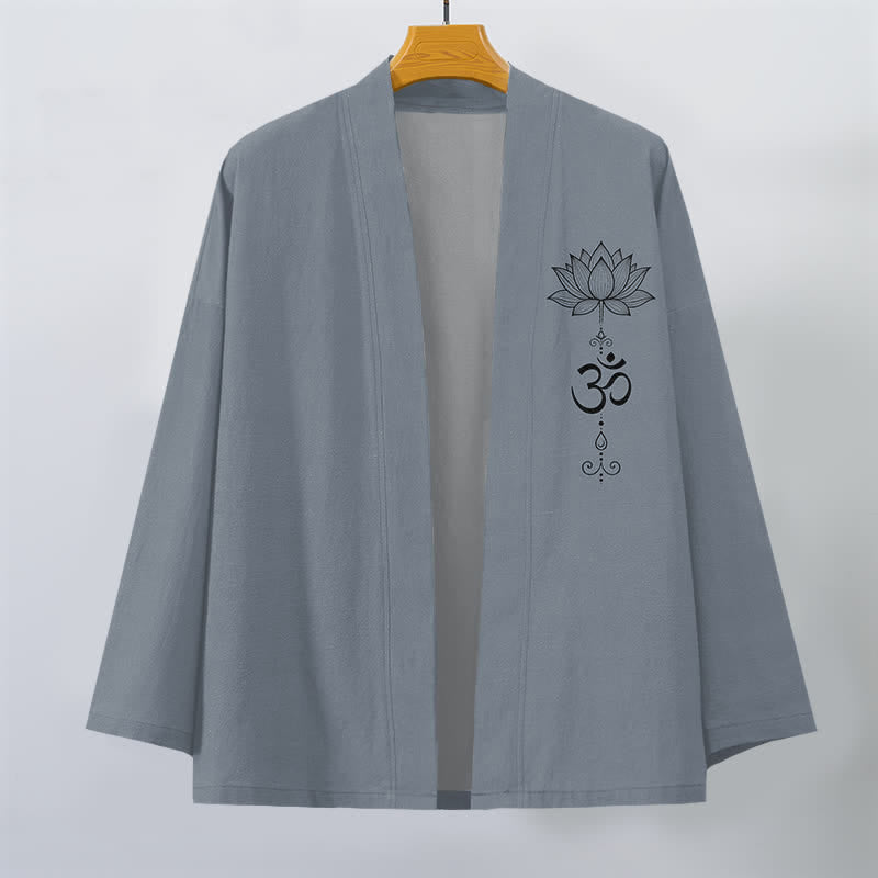 Buddha Stones Kimono de algodón con estampado Zen Lotus y frente abierto para hombre - image 1