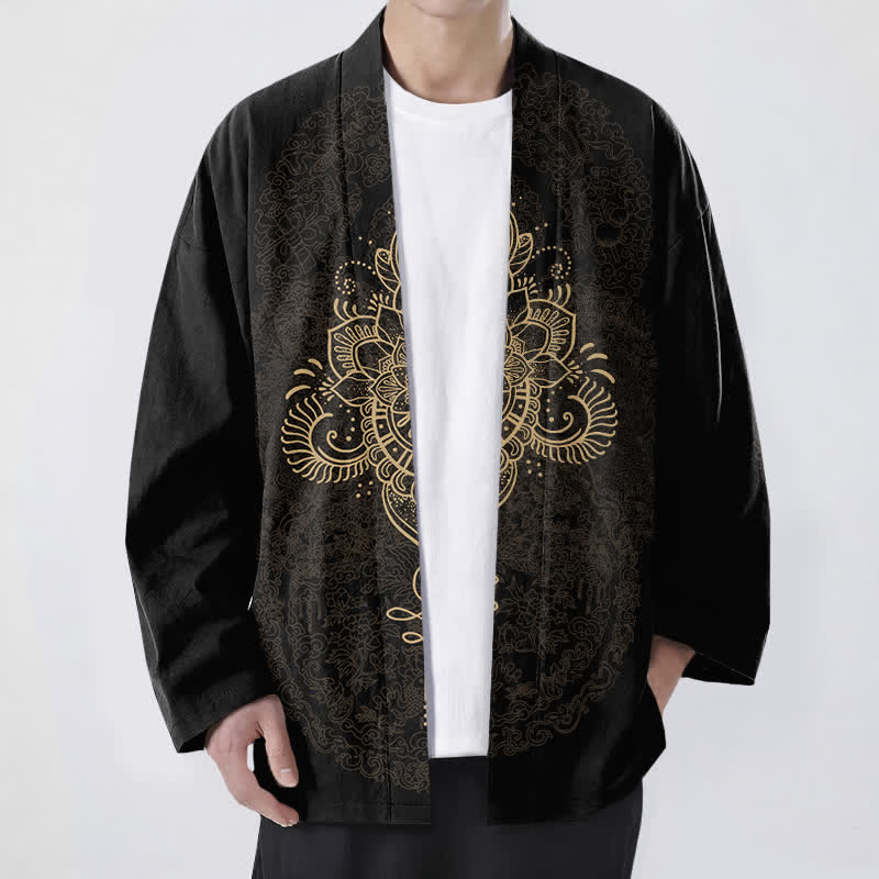 Buddha Stones Kimono de hombre de algodón con estampado floral simétrico tipo mandala y frente abierto. - Negro - US/UK/AU48, UE58 (4XL) - image 0