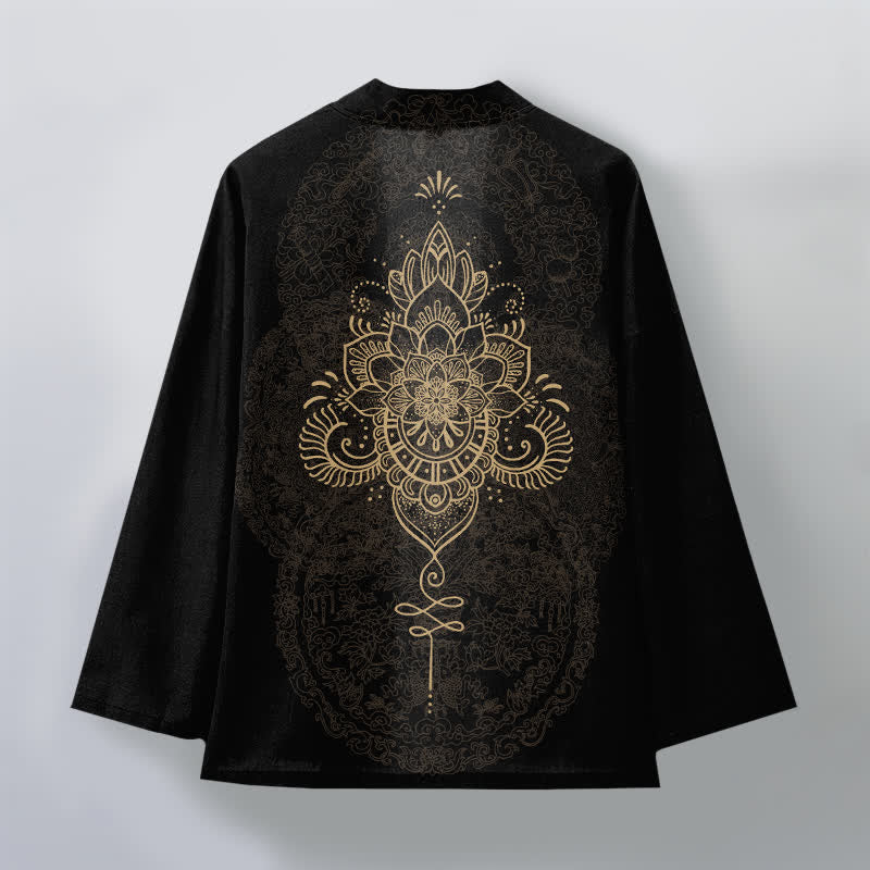 Buddha Stones Kimono de hombre de algodón con estampado floral simétrico tipo mandala y frente abierto. - image 2
