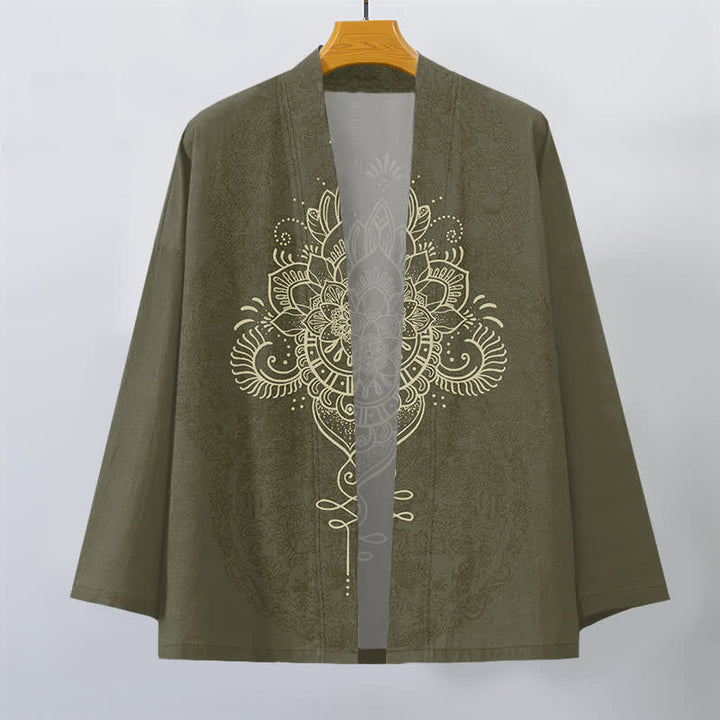Buddha Stones Kimono de hombre de algodón con estampado floral simétrico tipo mandala y frente abierto. - image 7