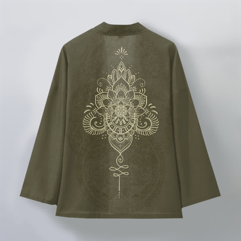 Buddha Stones Kimono de hombre de algodón con estampado floral simétrico tipo mandala y frente abierto. - image 8