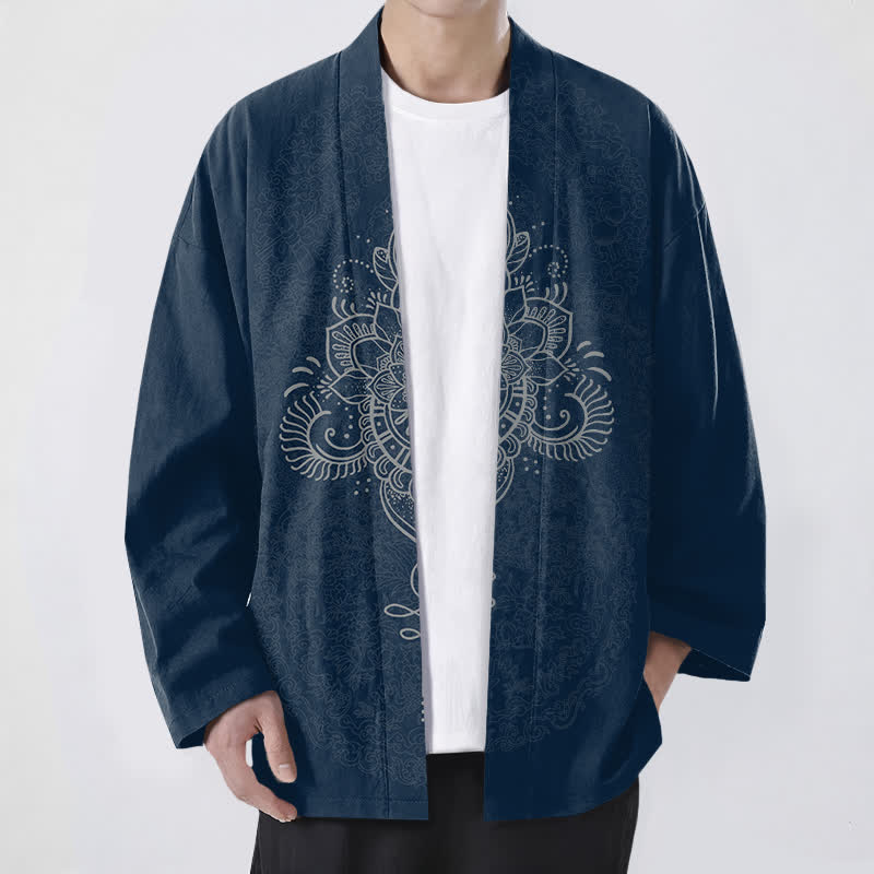 Buddha Stones Kimono de hombre de algodón con estampado floral simétrico tipo mandala y frente abierto. - Marina de guerra - US/UK/AU48, UE58 (4XL) - image 9
