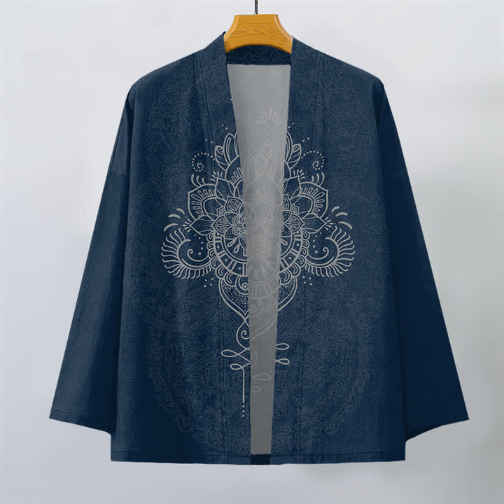 Buddha Stones Kimono de hombre de algodón con estampado floral simétrico tipo mandala y frente abierto. - image 10
