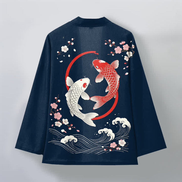 Buddha Stones Kimono de hombre de algodón con estampado de olas de carpas koi y flores de cerezo, con frente abierto. - image 2