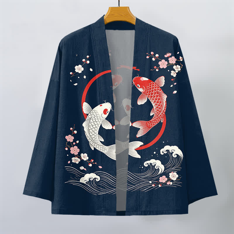 Buddha Stones Kimono de hombre de algodón con estampado de olas de carpas koi y flores de cerezo, con frente abierto. - image 1