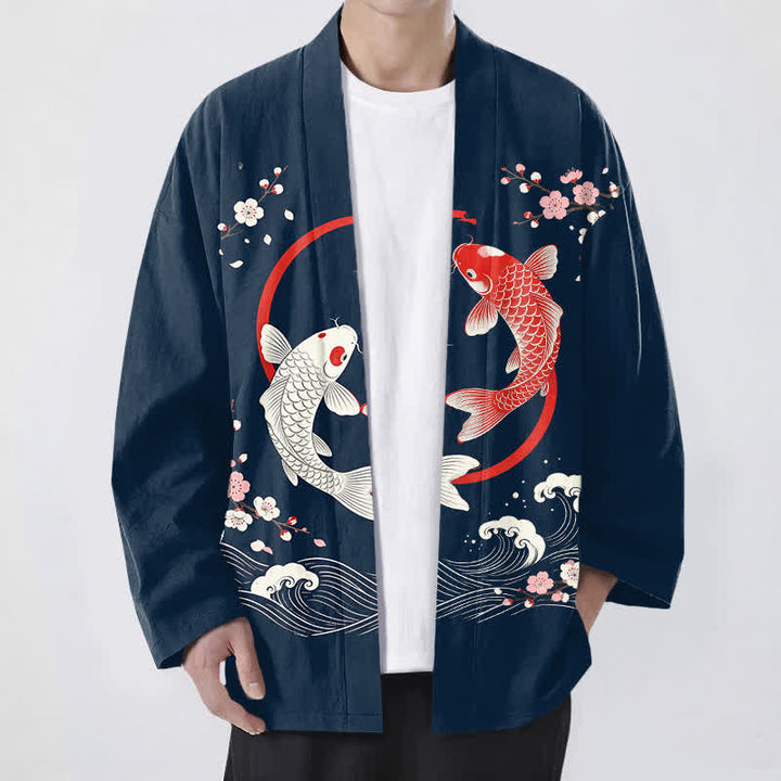 Buddha Stones Kimono de hombre de algodón con estampado de olas de carpas koi y flores de cerezo, con frente abierto. - Marina de guerra - US/UK/AU48, UE58 (4XL) - image 0