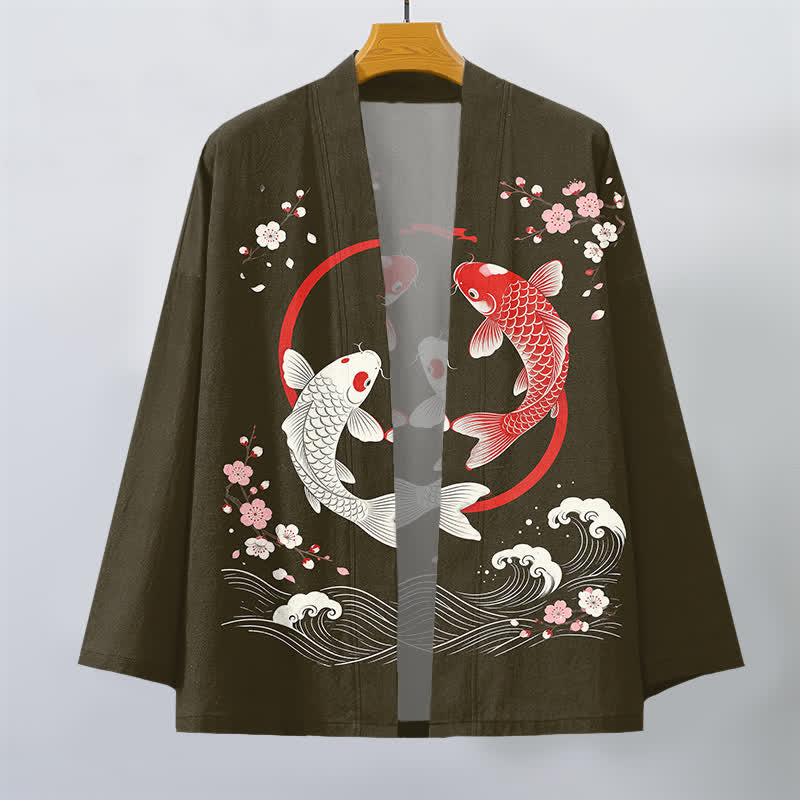 Buddha Stones Kimono de hombre de algodón con estampado de olas de carpas koi y flores de cerezo, con frente abierto. - image 7