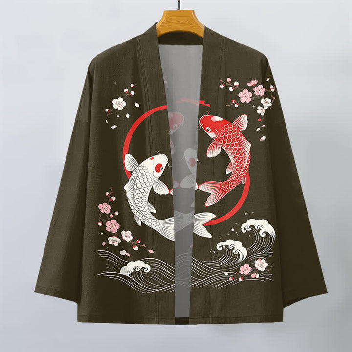 Buddha Stones Kimono de hombre de algodón con estampado de olas de carpas koi y flores de cerezo, con frente abierto. - image 7