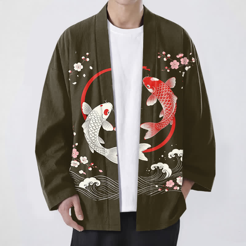 Buddha Stones Kimono de hombre de algodón con estampado de olas de carpas koi y flores de cerezo, con frente abierto. - Aceituna - US/UK/AU48, UE58 (4XL) - image 6