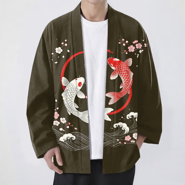 Buddha Stones Kimono de hombre de algodón con estampado de olas de carpas koi y flores de cerezo, con frente abierto. - Aceituna - US/UK/AU48, UE58 (4XL) - image 6