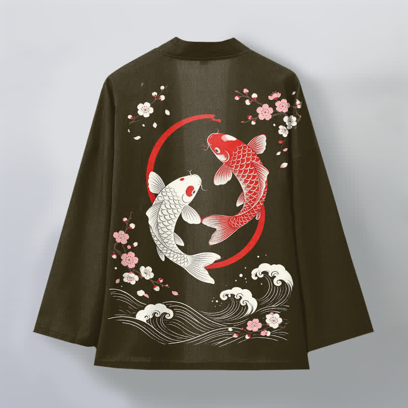 Buddha Stones Kimono de hombre de algodón con estampado de olas de carpas koi y flores de cerezo, con frente abierto. - image 8