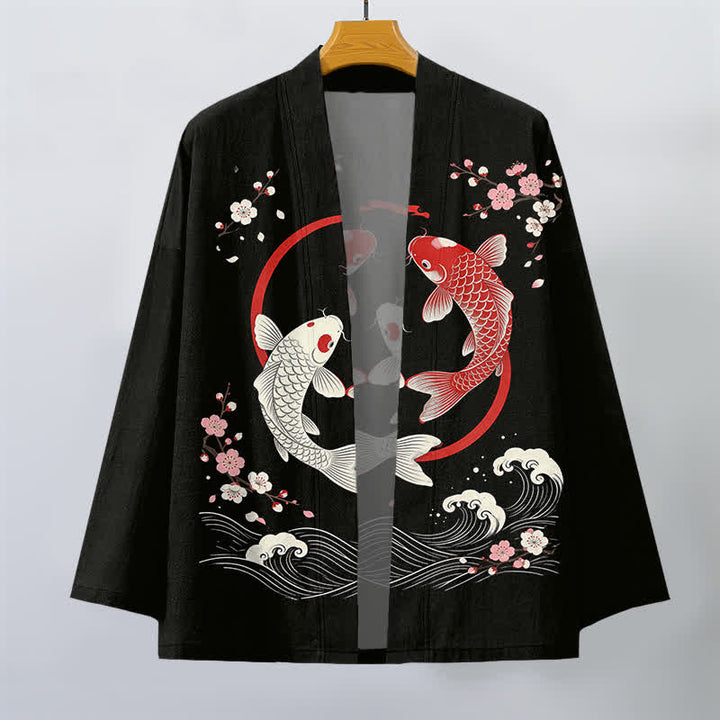 Buddha Stones Kimono de hombre de algodón con estampado de olas de carpas koi y flores de cerezo, con frente abierto. - image 10