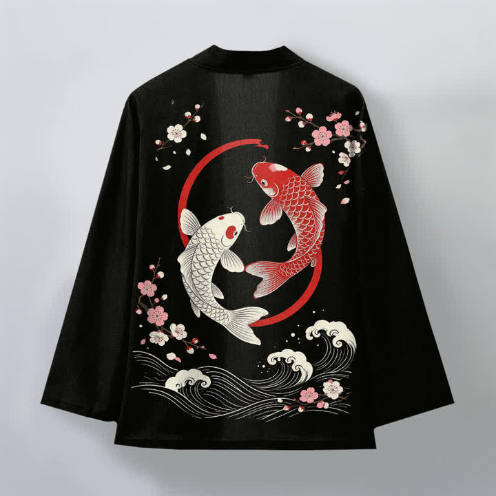 Buddha Stones Kimono de hombre de algodón con estampado de olas de carpas koi y flores de cerezo, con frente abierto. - image 11