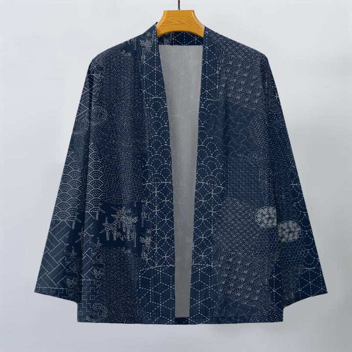 Buddha Stones Kimono de hombre con estampado Seigaiha Asanoha de algodón y frente abierto. - image 1