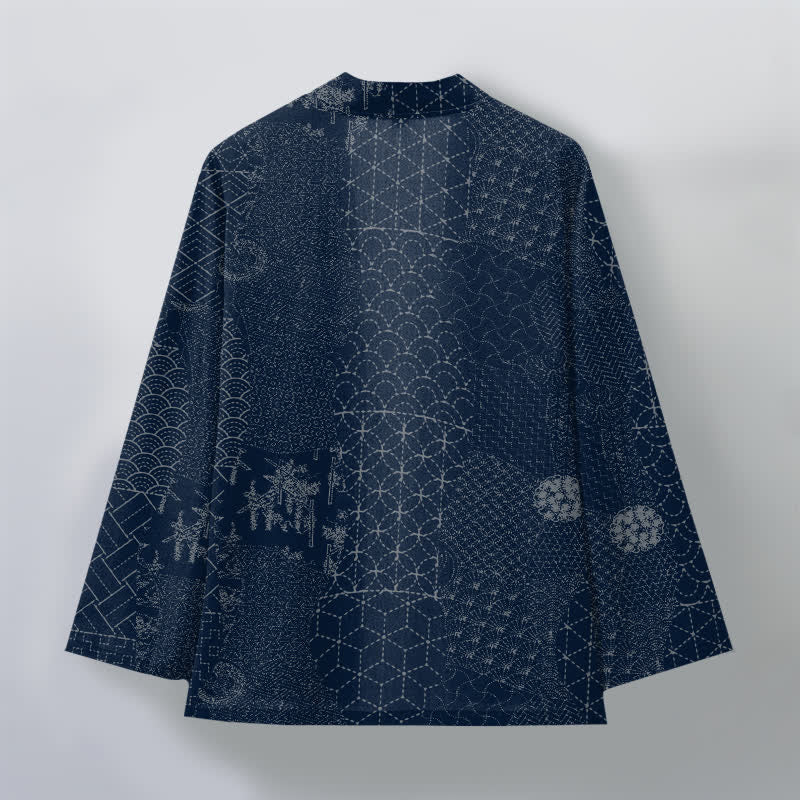 Buddha Stones Kimono de hombre con estampado Seigaiha Asanoha de algodón y frente abierto. - image 2