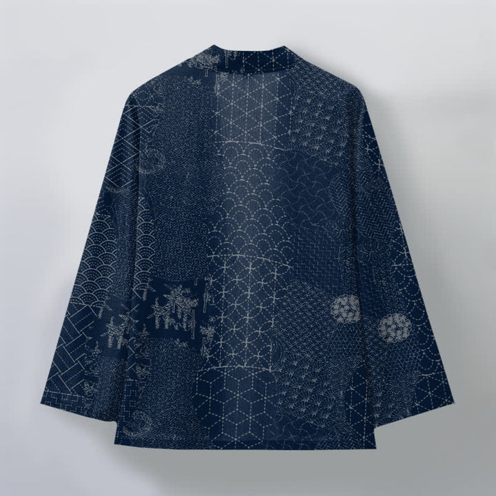 Buddha Stones Kimono de hombre con estampado Seigaiha Asanoha de algodón y frente abierto. - image 2