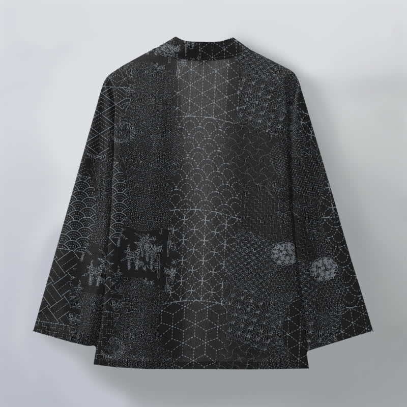 Buddha Stones Kimono de hombre con estampado Seigaiha Asanoha de algodón y frente abierto. - image 8