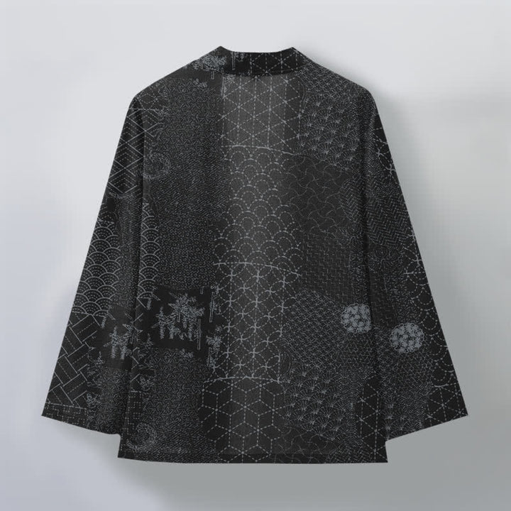 Buddha Stones Kimono de hombre con estampado Seigaiha Asanoha de algodón y frente abierto. - image 8