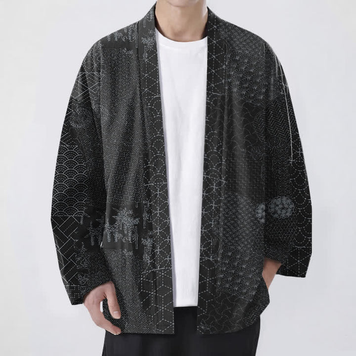 Buddha Stones Kimono de hombre con estampado Seigaiha Asanoha de algodón y frente abierto. - Negro - US/UK/AU48, UE58 (4XL) - image 6