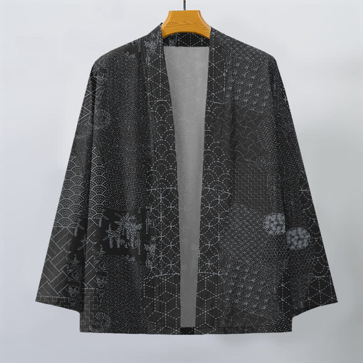 Buddha Stones Kimono de hombre con estampado Seigaiha Asanoha de algodón y frente abierto. - image 7