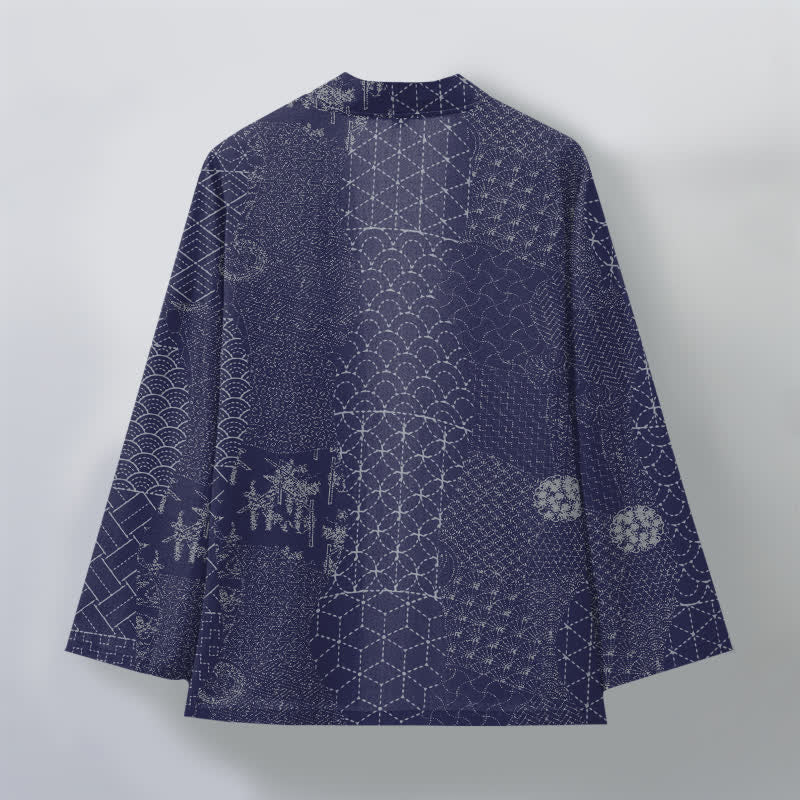 Buddha Stones Kimono de hombre con estampado Seigaiha Asanoha de algodón y frente abierto. - image 11
