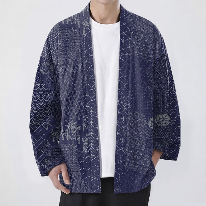 Buddha Stones Kimono de hombre con estampado Seigaiha Asanoha de algodón y frente abierto. - Azul pizarra oscuro - US/UK/AU48, UE58 (4XL) - image 9