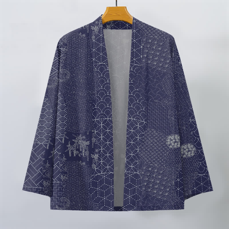 Buddha Stones Kimono de hombre con estampado Seigaiha Asanoha de algodón y frente abierto. - image 10