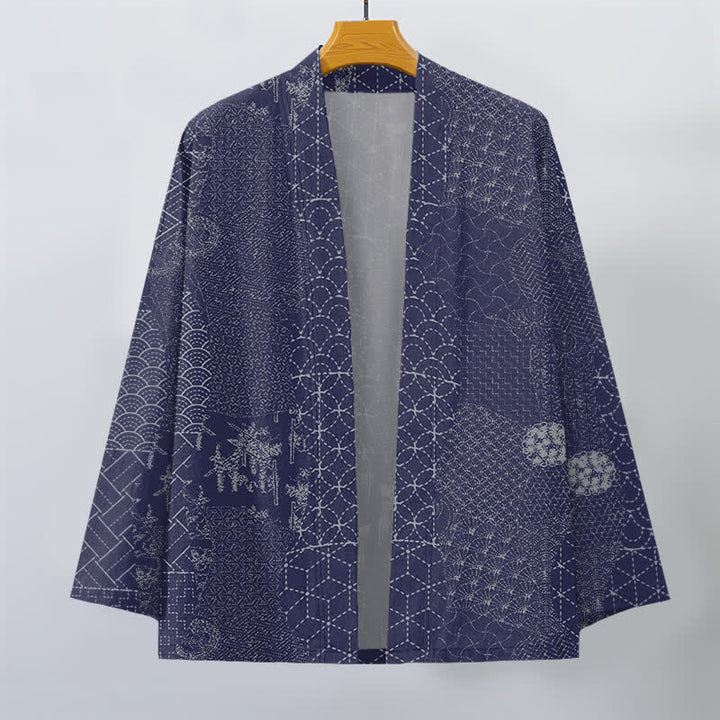 Buddha Stones Kimono de hombre con estampado Seigaiha Asanoha de algodón y frente abierto. - image 10