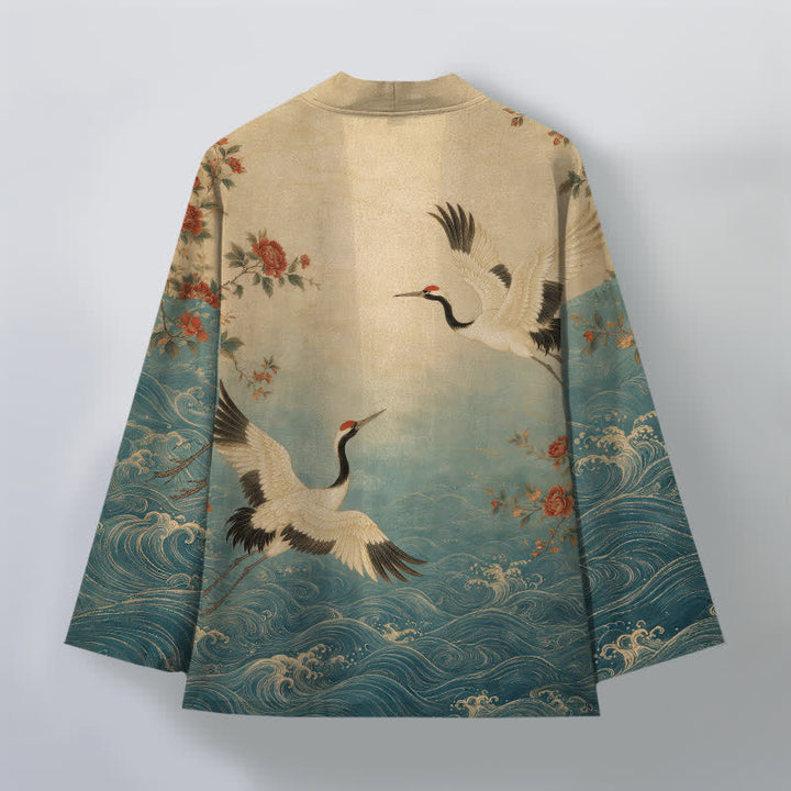 Buddha Stones Kimono de hombre con frente abierto, estampado floral de grullas y algodón blanco. - image 2
