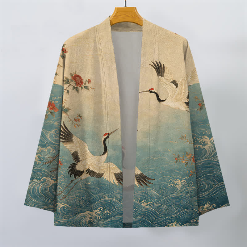 Buddha Stones Kimono de hombre con frente abierto, estampado floral de grullas y algodón blanco. - image 1
