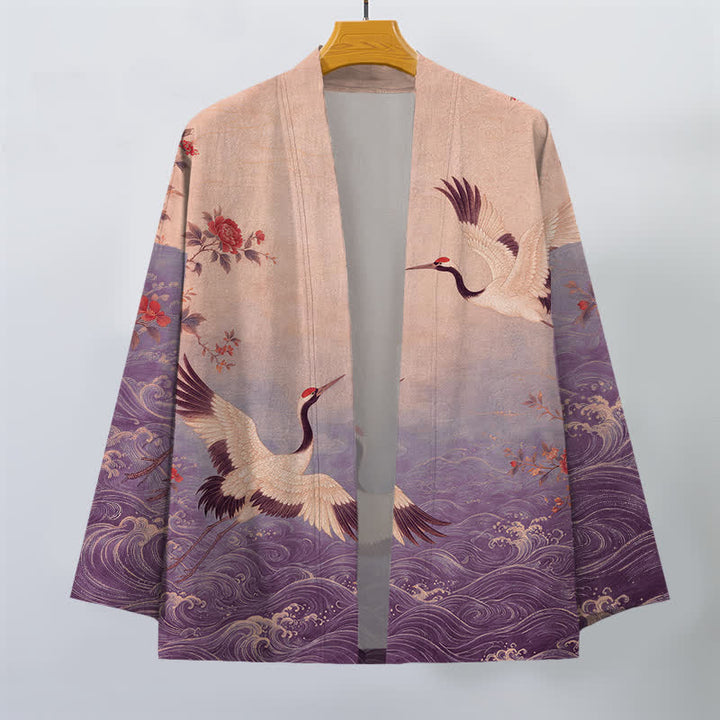 Buddha Stones Kimono de hombre con frente abierto, estampado floral de grullas y algodón blanco. - image 7