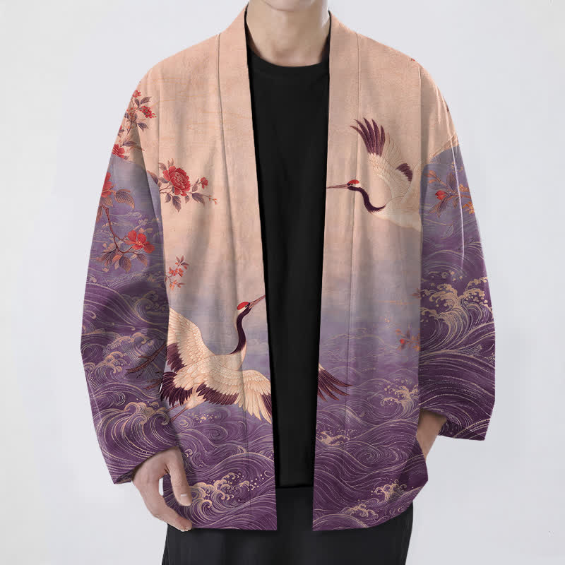 Buddha Stones Kimono de hombre con frente abierto, estampado floral de grullas y algodón blanco. - Morado medio - US/UK/AU48, UE58 (4XL) - image 6