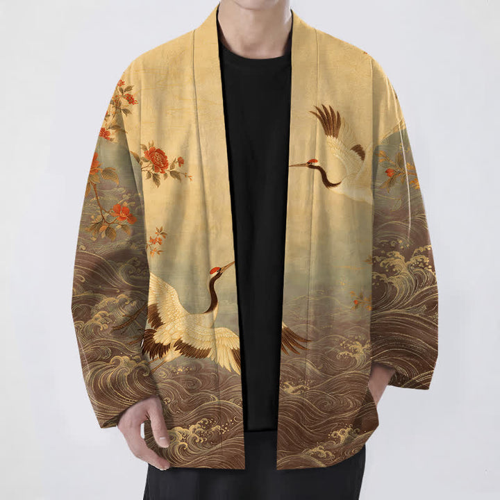 Buddha Stones Kimono de hombre con frente abierto, estampado floral de grullas y algodón blanco. - Vara de oro oscura - US/UK/AU48, UE58 (4XL) - image 9