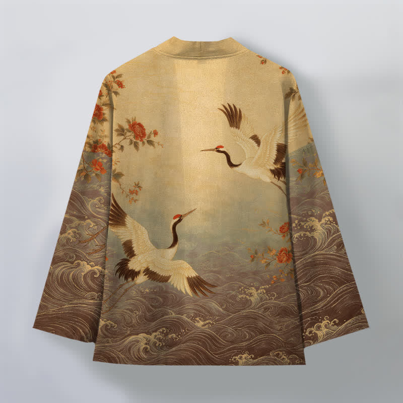 Buddha Stones Kimono de hombre con frente abierto, estampado floral de grullas y algodón blanco. - image 11