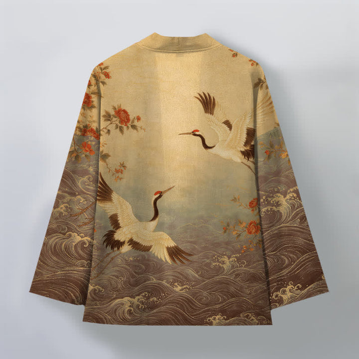 Buddha Stones Kimono de hombre con frente abierto, estampado floral de grullas y algodón blanco. - image 11