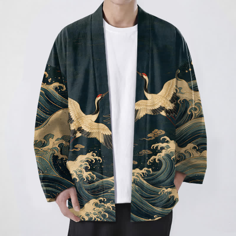 Buddha Stones Kimono de hombre con frente abierto, estampado de grulla dorada y ondas, de algodón. - Marina de guerra - US/UK/AU48, UE58 (4XL) - image 6