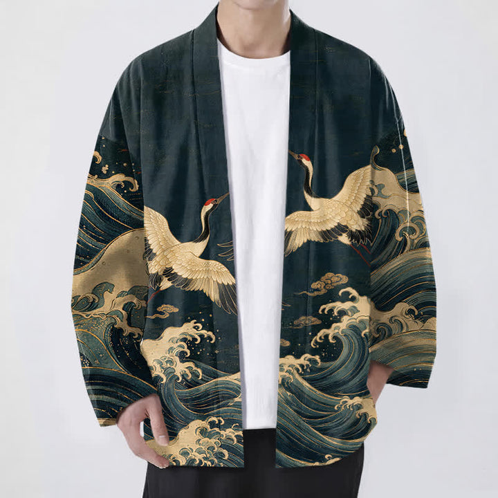 Buddha Stones Kimono de hombre con frente abierto, estampado de grulla dorada y ondas, de algodón. - Marina de guerra - US/UK/AU48, UE58 (4XL) - image 6