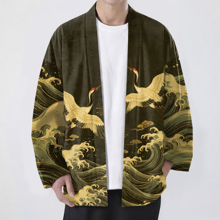 Buddha Stones Kimono de hombre con frente abierto, estampado de grulla dorada y ondas, de algodón. - Aceituna - US/UK/AU48, UE58 (4XL) - image 9