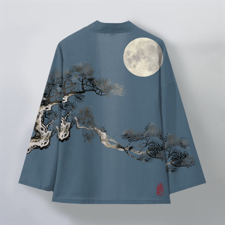 Buddha Stones Kimono de algodón con estampado de pino y luna llena para hombre, con frente abierto. - image 2