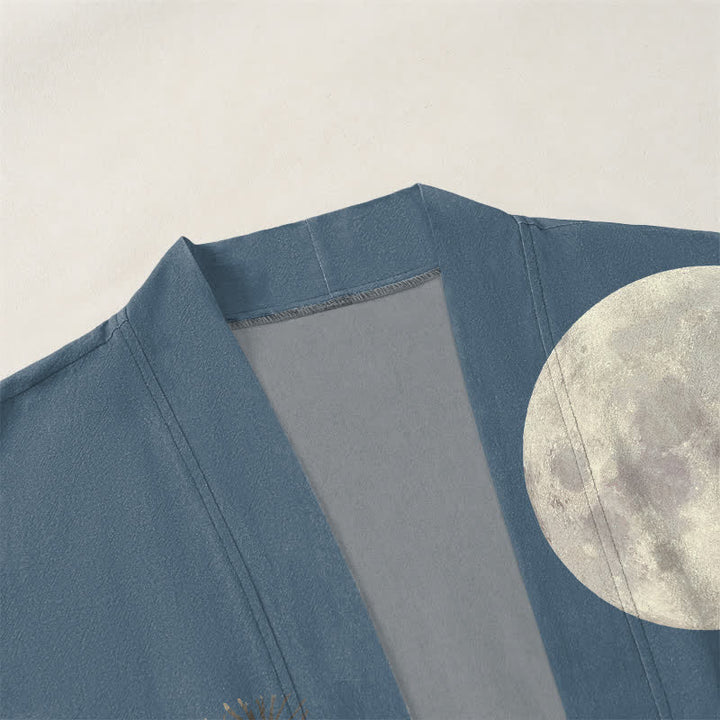 Buddha Stones Kimono de algodón con estampado de pino y luna llena para hombre, con frente abierto. - image 3