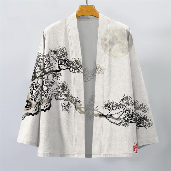 Buddha Stones Kimono de algodón con estampado de pino y luna llena para hombre, con frente abierto. - image 7