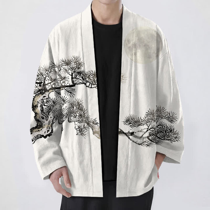 Buddha Stones Kimono de algodón con estampado de pino y luna llena para hombre, con frente abierto. - Marfil - US/UK/AU48, UE58 (4XL) - image 6