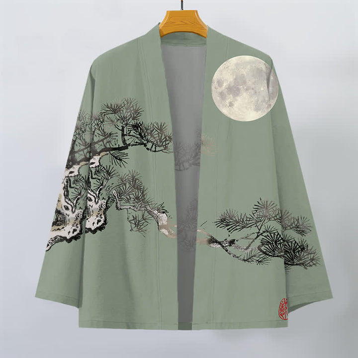 Buddha Stones Kimono de algodón con estampado de pino y luna llena para hombre, con frente abierto. - image 10
