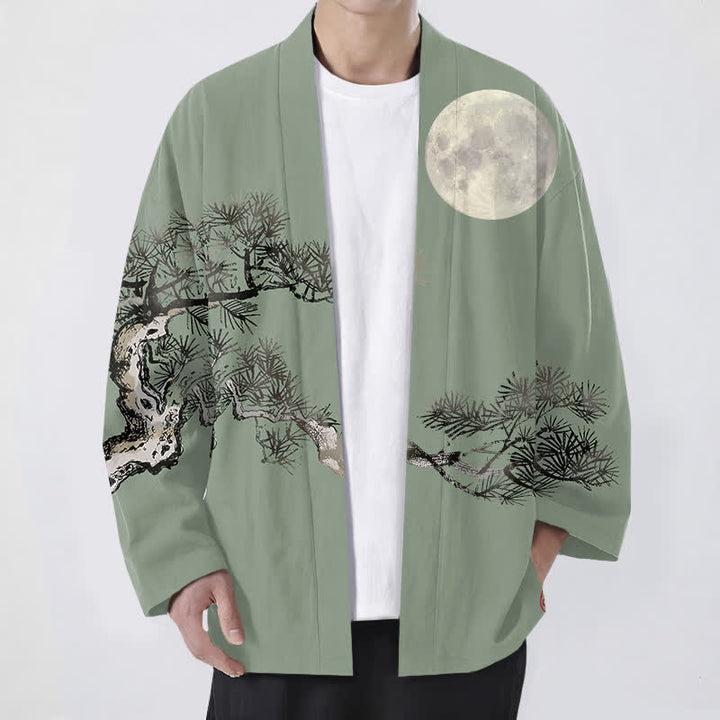 Buddha Stones Kimono de algodón con estampado de pino y luna llena para hombre, con frente abierto. - Verde mar oscuro - US/UK/AU48, UE58 (4XL) - image 9