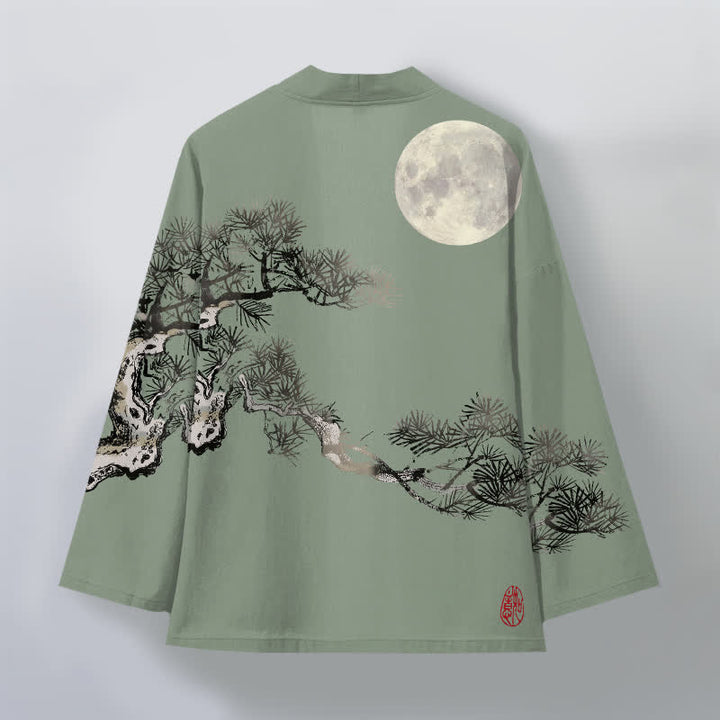 Buddha Stones Kimono de algodón con estampado de pino y luna llena para hombre, con frente abierto. - image 11